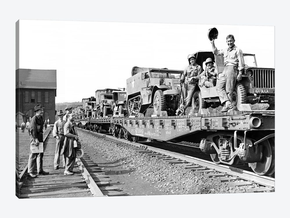 1940s World War Ii Freight Train Of Jeeps And Half Tracks On Way To The Front Factory Workers Bid Farewell To Soldiers On Train by Vintage Images 1-piece Art Print