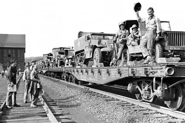 Military Vehicles: 1940s World War Ii Freight Train Of Jeeps And Half Tracks On Way To The Front Factory Workers Bid Farewell To Soldiers On Train by Vintage Images