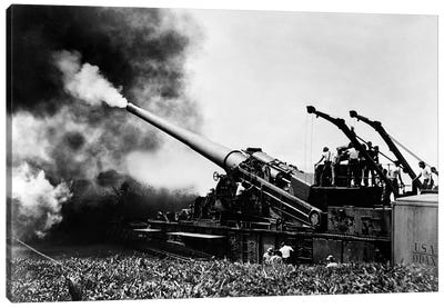 1940s WW II Big Artillery Railroad Gun Firing Canvas Art Print - Veterans Day