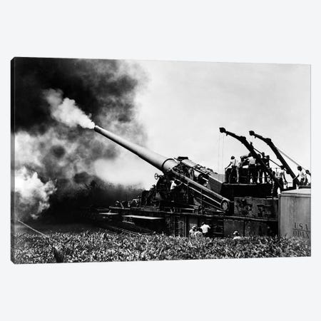 1940s WW II Big Artillery Railroad Gun Firing Canvas Print #VTG238} by Vintage Images Canvas Art Print