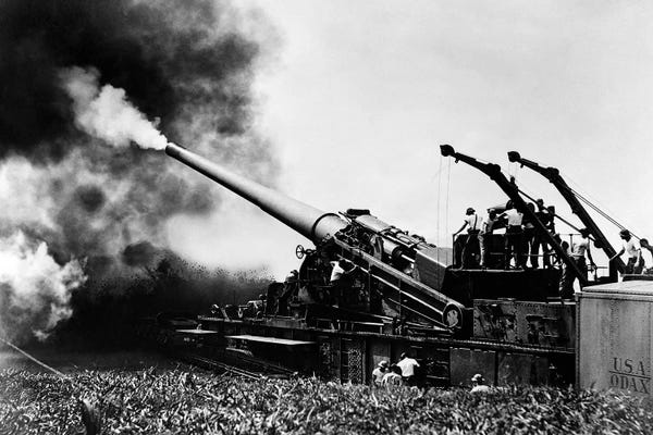 Weapons & Artillery: 1940s WW II Big Artillery Railroad Gun Firing by Vintage Images