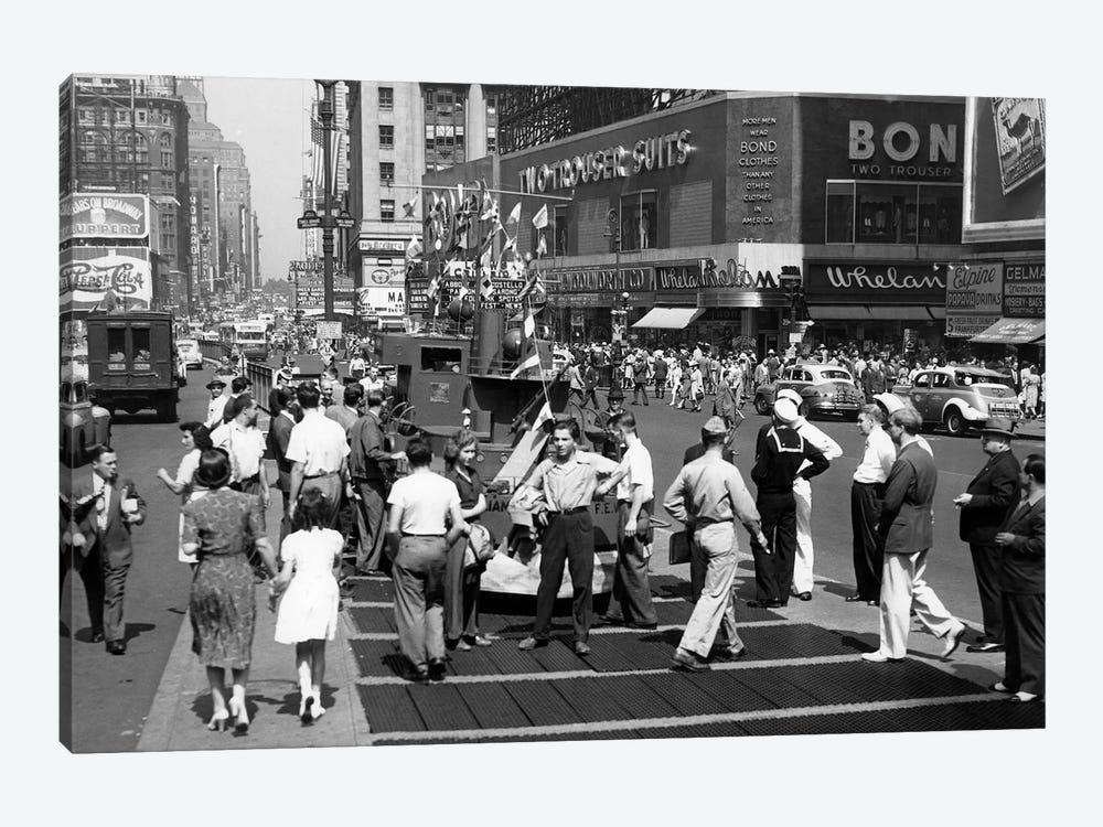 1940s WW II Wartime Pedestrians Traffic Two Sailors Model Of Navy Ship Recruiting Station Times Square Manhattan New York USA by Vintage Images 1-piece Art Print