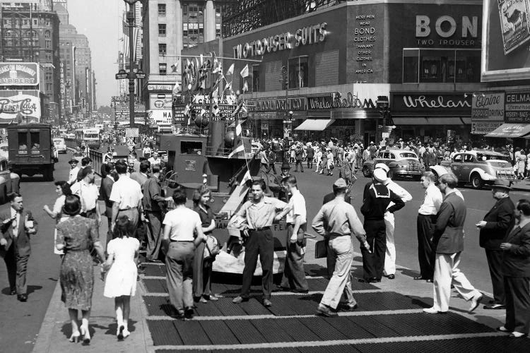 1940s WW II Wartime Pedestrians Traffic Two Sailors Model Of Navy Ship Recruiting Station Times Square Manhattan New York USA