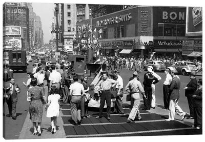 1940s WW II Wartime Pedestrians Traffic Two Sailors Model Of Navy Ship Recruiting Station Times Square Manhattan New York USA Canvas Art Print - Times Square