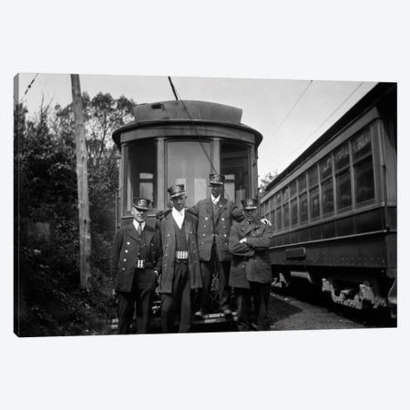 1910s-1920s 4 Men Conductors Motormen Public Transportation Transit Workers Posing In Front Of Trolley Car In Uniforms And Hats Canvas Print #VTG23} by Vintage Images Canvas Wall Art