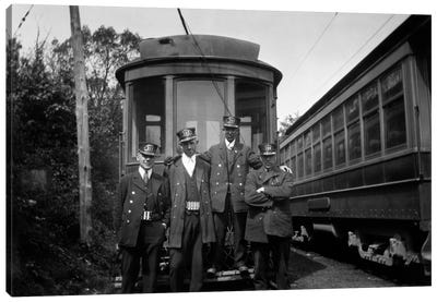 1910s-1920s 4 Men Conductors Motormen Public Transportation Transit Workers Posing In Front Of Trolley Car In Uniforms And Hats Canvas Art Print