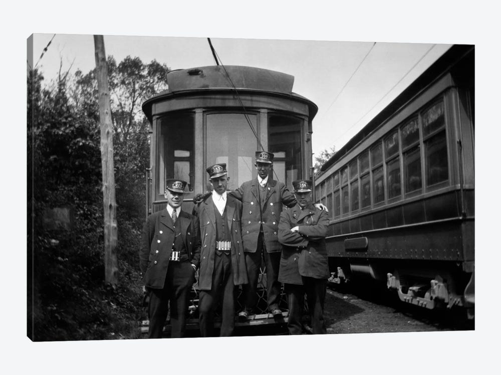 1910s-1920s 4 Men Conductors Motormen Public Transportation Transit Workers Posing In Front Of Trolley Car In Uniforms And Hats by Vintage Images 1-piece Canvas Print