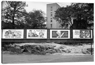 1940s-1945 Wartime Billboards For Cigars Beer Coca Cola All Promoting War Bonds Burnside Avenue In The Bronx New York Canvas Art Print - Vintage Images