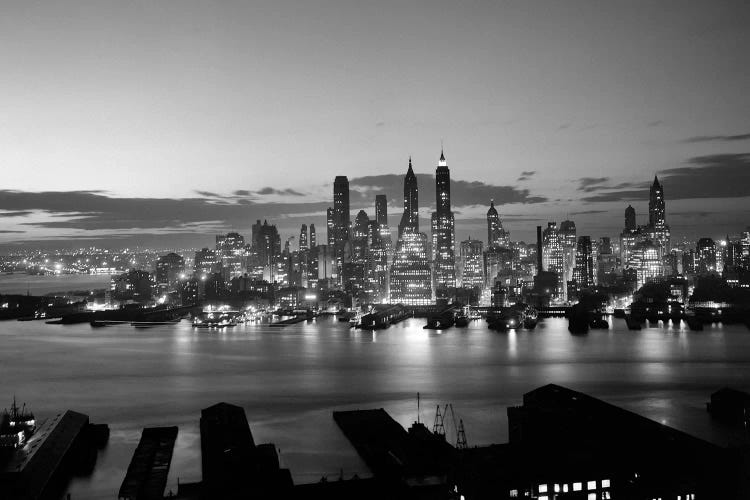 1940s-1950s Downtown Manhattan East Side Financial Area Night Skyline New York City NY USA