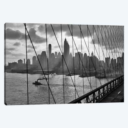 1940s-1950s Downtown Skyline Manhattan Seen Through Cables Of Brooklyn Bridge Tug Boat In East River NYC NY USA Canvas Print #VTG247} by Vintage Images Art Print