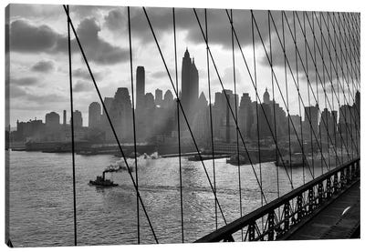 1940s-1950s Downtown Skyline Manhattan Seen Through Cables Of Brooklyn Bridge Tug Boat In East River NYC NY USA Canvas Art Print - Brooklyn Bridge
