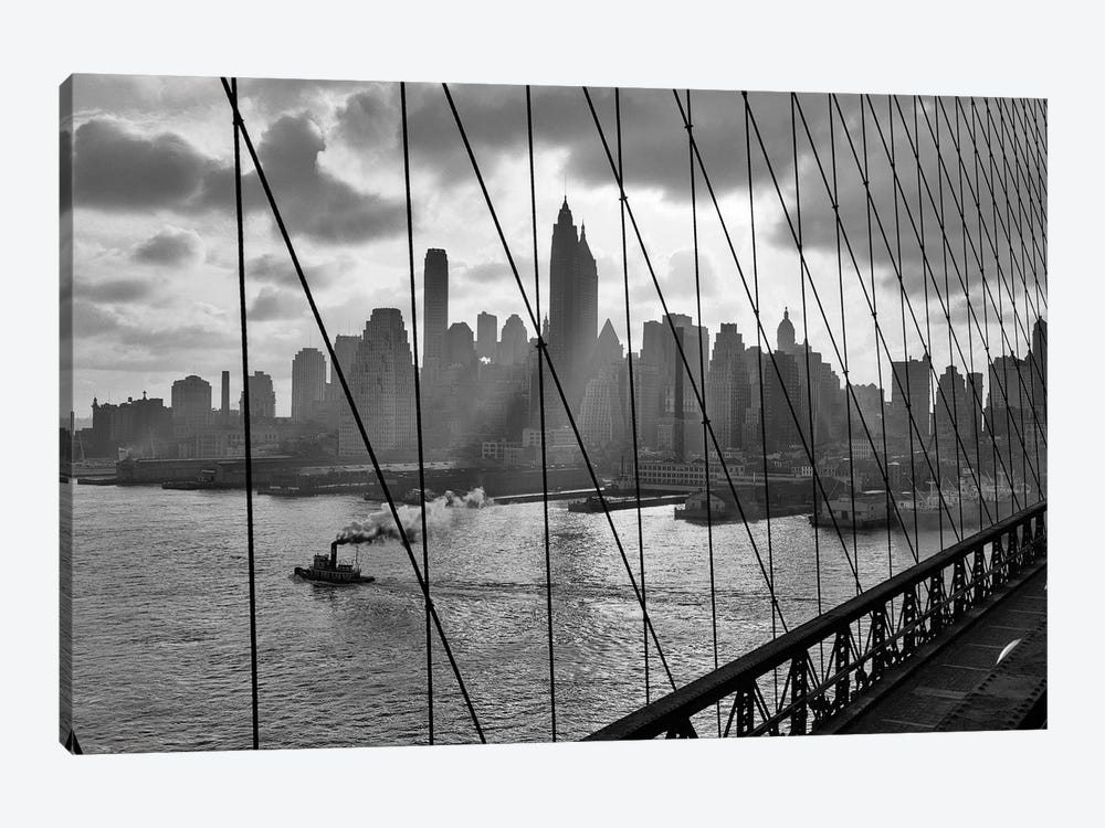 1940s-1950s Downtown Skyline Manhattan Seen Through Cables Of Brooklyn Bridge Tug Boat In East River NYC NY USA by Vintage Images 1-piece Canvas Wall Art