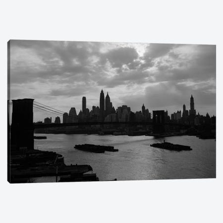 1940s-1950s Dramatic Sunset Downtown New York City Skyline With Brooklyn Bridge Barges In East River NYC NY USA Canvas Print #VTG248} by Vintage Images Canvas Wall Art