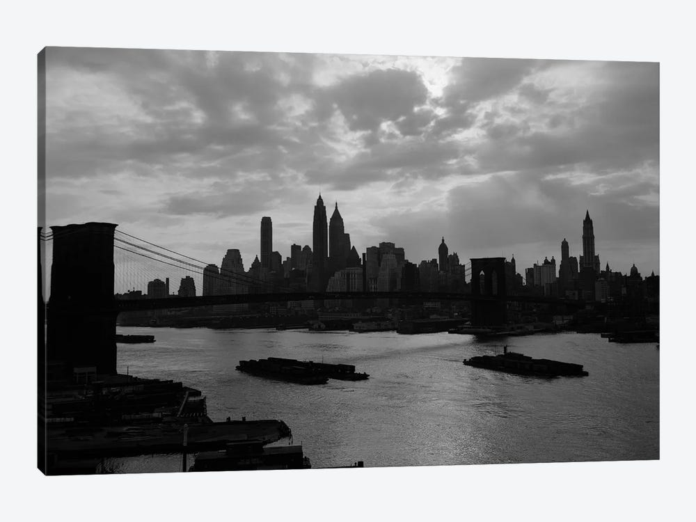 1940s-1950s Dramatic Sunset Downtown New York City Skyline With Brooklyn Bridge Barges In East River NYC NY USA by Vintage Images 1-piece Art Print