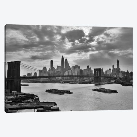 1940s-1950s Dramatic Sunset Downtown New York City Skyline With Brooklyn Bridge Barges In East River NYC, NY, USA Canvas Print #VTG249} by Vintage Images Canvas Art