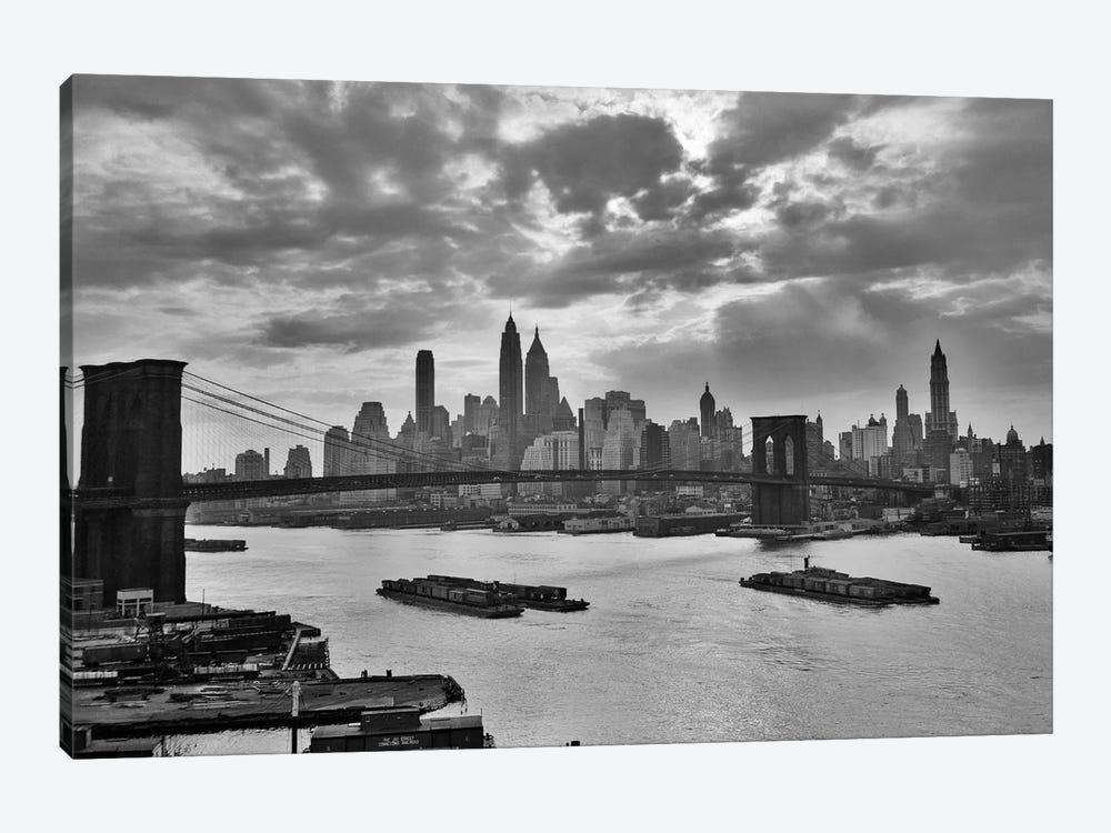 1940s-1950s Dramatic Sunset Downtown New York City Skyline With Brooklyn Bridge Barges In East River NYC, NY, USA by Vintage Images 1-piece Canvas Artwork