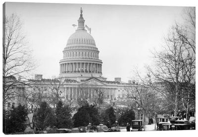 1910s-1920s Capitol Building Washington, D.C. Line Of Cars Parked On Street In Foreground Canvas Art Print - Architecture Art