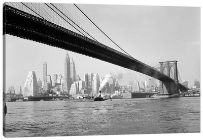 1940s-1950s Skyline Of Lower Manhattan With Brooklyn Bridge From Brooklyn Across The East River Canvas Art Print - Brooklyn Art