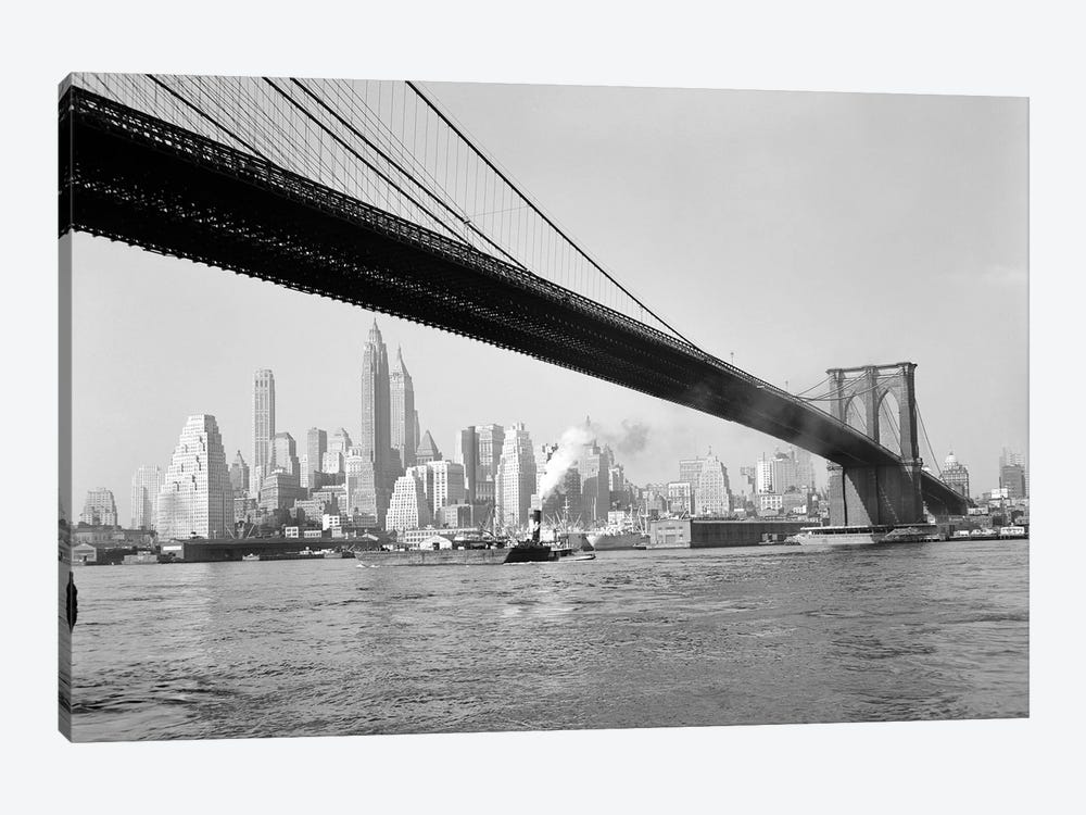 1940s-1950s Skyline Of Lower Manhattan With Brooklyn Bridge From Brooklyn Across The East River by Vintage Images 1-piece Canvas Artwork