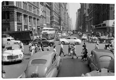 1940s-1950s Street Scene Crowds Traffic Intersection Fifth Avenue & 14th Street Manhattan NY New York City Canvas Art Print - Vintage & Retro Photography