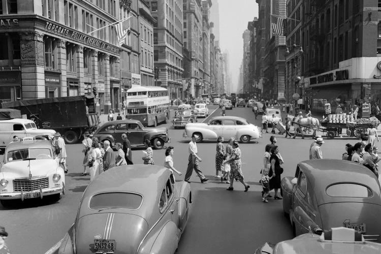 1940s-1950s Street Scene Crowds Traffic Intersection Fifth Avenue & 14th Street Manhattan NY New York City