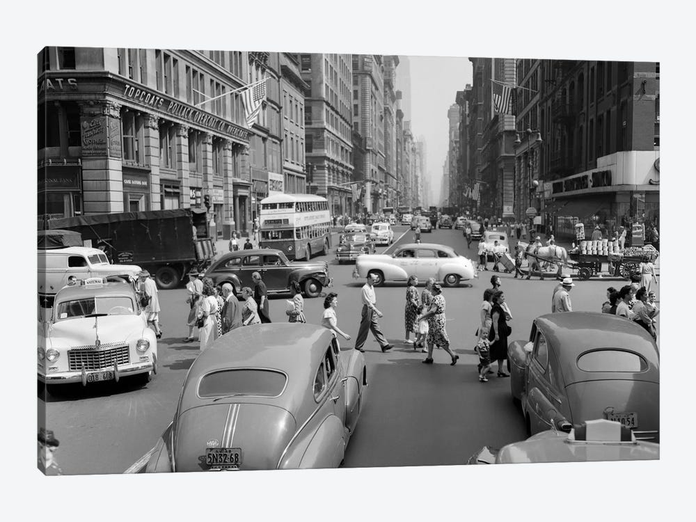 1940s-1950s Street Scene Crowds Traffic Intersection Fifth Avenue & 14th Street Manhattan NY New York City by Vintage Images 1-piece Canvas Artwork
