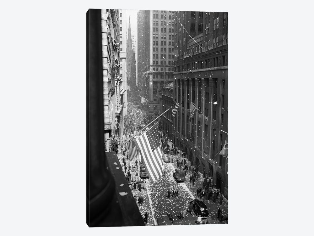 1945 Aerial View Of V-Day Celebration On Wall Street NYC With Flags And Confetti Flying by Vintage Images 1-piece Canvas Art