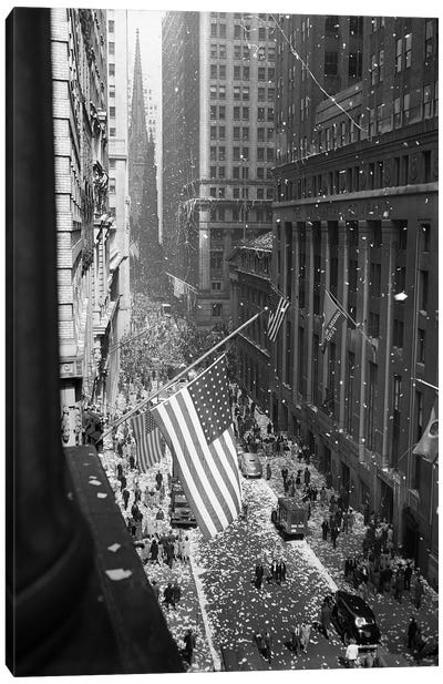 1945 Aerial View Of V-Day Celebration On Wall Street NYC With Flags And Confetti Flying Canvas Art Print - Vintage Images