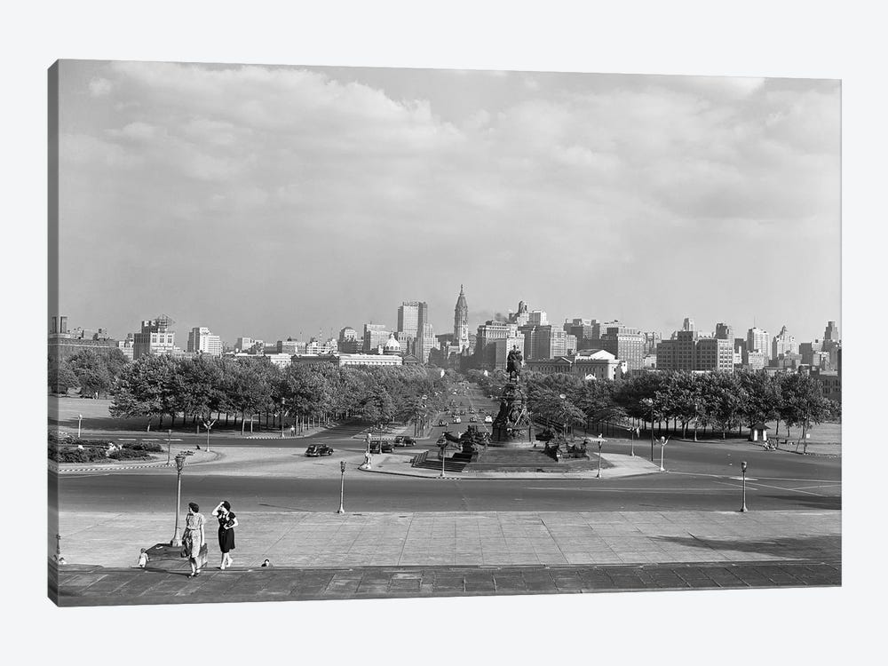 1946 Skyline Of Philadelphia From Steps Of The Art Museum Looking Down Parkway To City Hall by Vintage Images 1-piece Canvas Art