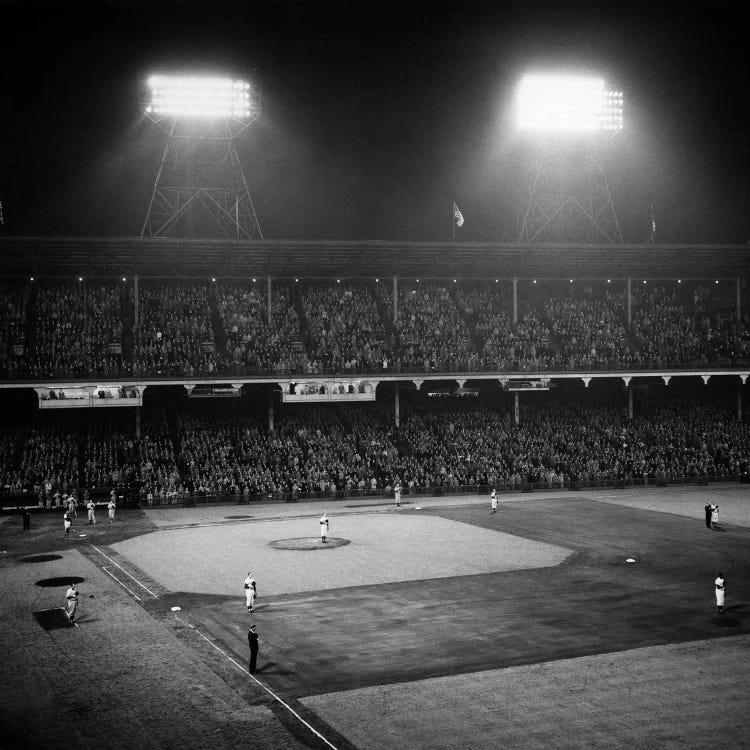 1947 Baseball Night Game Under The Lights Players Standing For National Anthem Ebbets Field Brooklyn New York USA by Vintage Images wall art