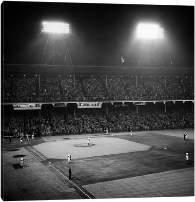 1947 Baseball Night Game Under The Lights Players Standing For National Anthem Ebbets Field Brooklyn New York USA Canvas Art Print - Baseball