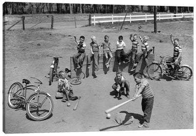 1950s 10 Neighborhood Boys Playing Sand Lot Baseball Most Wear Blue Jeans Tee Shirts Canvas Art Print - Authenticity
