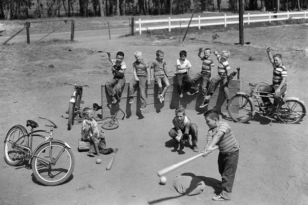 Bicycles: 1950s 10 Neighborhood Boys Playing Sand Lot Baseball Most Wear Blue Jeans Tee Shirts by Vintage Images