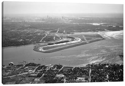 1950s Aerial Across Flushing Bay La Guardia Airport College Point Queens Manhattan Skyline In Distance Looking West Canvas Art Print - Airport Art