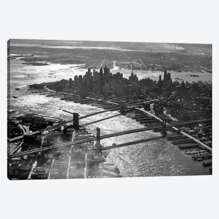 1950s Aerial Downtown Manhattan East And Hudson Rivers Meet In Harbor Brooklyn And Manhattan Bridges Canvas Print #VTG262} by Vintage Images Canvas Wall Art