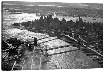 1950s Aerial Downtown Manhattan East And Hudson Rivers Meet In Harbor Brooklyn And Manhattan Bridges Canvas Art Print - Brooklyn Bridge