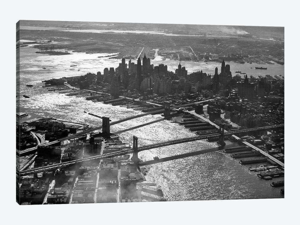1950s Aerial Downtown Manhattan East And Hudson Rivers Meet In Harbor Brooklyn And Manhattan Bridges by Vintage Images 1-piece Canvas Art Print