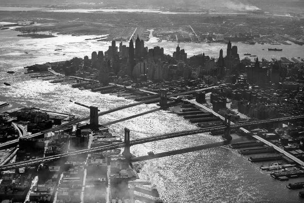 Brooklyn: 1950s Aerial Downtown Manhattan East And Hudson Rivers Meet In Harbor Brooklyn And Manhattan Bridges by Vintage Images