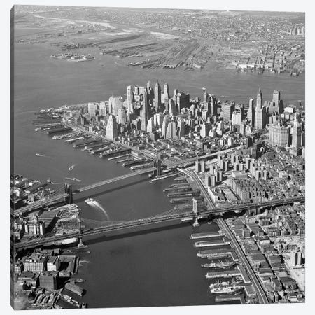 1950s Aerial Of Downtown Manhattan East And Hudson Rivers Meet In Harbor Brooklyn And Manhattan Bridges Canvas Print #VTG263} by Vintage Images Canvas Art