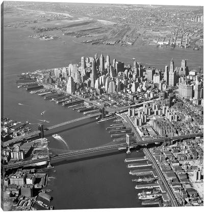 1950s Aerial Of Downtown Manhattan East And Hudson Rivers Meet In Harbor Brooklyn And Manhattan Bridges Canvas Art Print - Brooklyn Bridge
