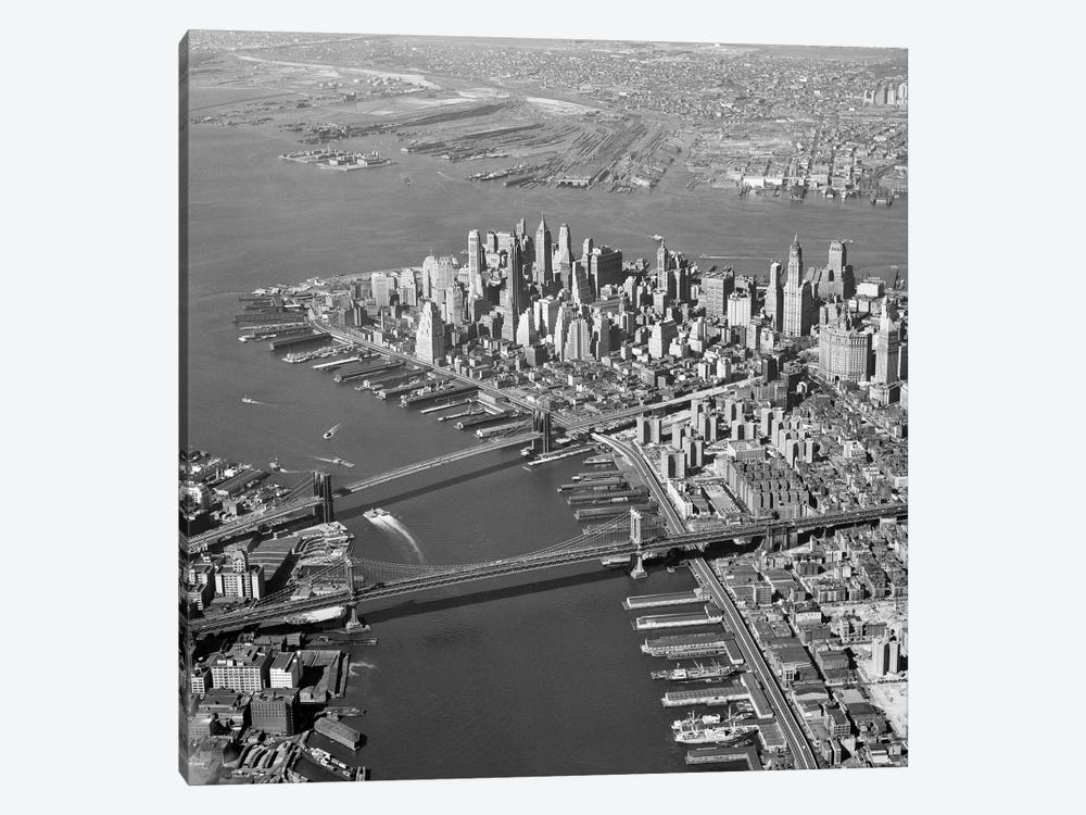 1950s Aerial Of Downtown Manhattan East And Hudson Rivers Meet In Harbor Brooklyn And Manhattan Bridges by Vintage Images 1-piece Canvas Art
