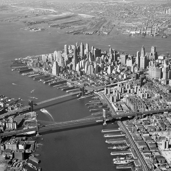 Famous Bridges: 1950s Aerial Of Downtown Manhattan East And Hudson Rivers Meet In Harbor Brooklyn And Manhattan Bridges by Vintage Images
