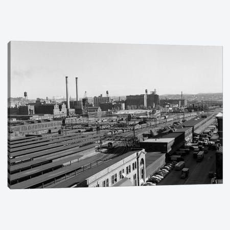 1950s Aerial Of Railroad Yard At Industrial Site Surrounded By Factories Canvas Print #VTG264} by Vintage Images Canvas Art Print