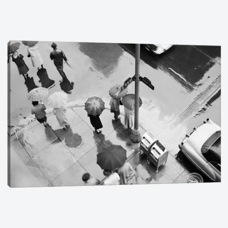 1950s Aerial Of Street Corner In The Rain Pedestrians With Umbrellas Cars Wet Pavement Park Ave & 48th Street New York City USA Canvas Print #VTG265} by Vintage Images Canvas Art Print