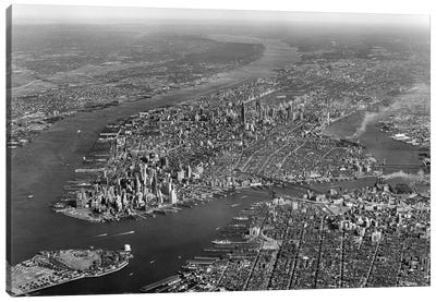 1950s Aerial View Of Manhattan Island On Left Is Hudson River On Right Is East River And Brooklyn Lower Left Is Governors Island Canvas Art Print - Brooklyn Art