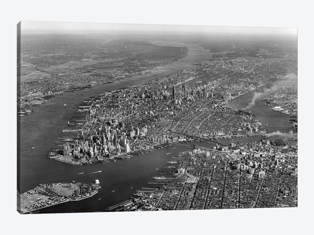 1950s Aerial View Of Manhattan Island On Left Is Hudson River On Right Is East River And Brooklyn Lower Left Is Governors Island by Vintage Images 1-piece Canvas Art