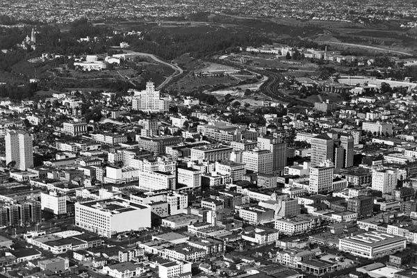 San Diego: 1950s Aerial View Showing El Cortez Hotel And Balboa Park Downtown San Diego, California USA by Vintage Images