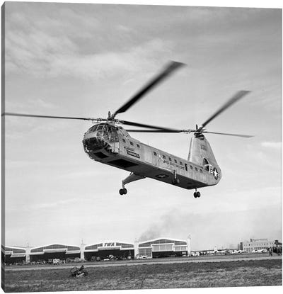 1950s Air Force Twin-Rotor Piasecki Helicopter Taking Off From Base Canvas Art Print - Military Aircraft Art