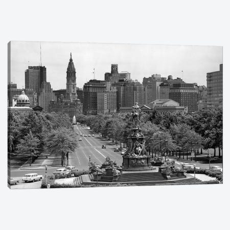 1950s Benjamin Franklin Parkway Looking Southwest From Art Museum Past Eakins To Logan Circle To City Hall Philadelphia Pa USA Canvas Print #VTG276} by Vintage Images Canvas Wall Art