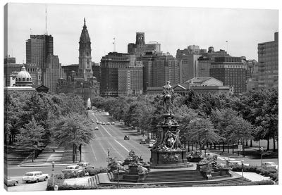 1950s Benjamin Franklin Parkway Looking Southwest From Art Museum Past Eakins To Logan Circle To City Hall Philadelphia Pa USA Canvas Art Print - Vintage Images